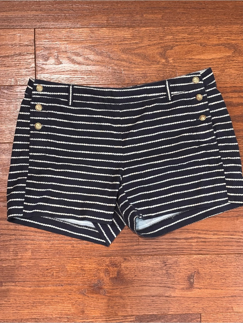 Kenar Navy and White Striped Button-Detail Bermuda Shorts